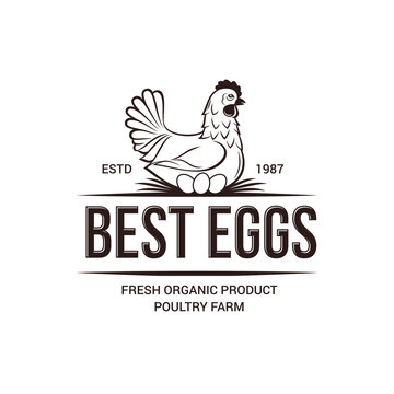 Chicken Poultry Farm Monochrome Logo, Vintage Premium Quality. Fresh Organic Chicken Eggs Farmer Logotype, or Badge Design. Isolated on White Background