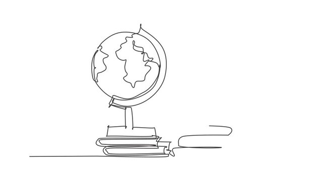 Self drawing animation of single line draw globe and stack of books. Earth and book for education. Infographics, school presentation isolated on white background. Full length animated illustration.
