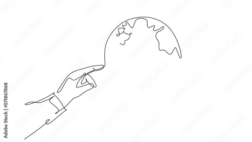 Poster finger touch globe earth. animated self drawing of continuous line global map icon. full length one 