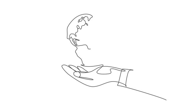 Self drawing animation of single line draw hands hold round earth. Globe silhouette for world protect concept. Infographics, business presentation isolated on white background. Full length animated.