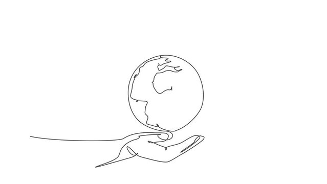 Hand hold globe earth. Animated self drawing of continuous line world map icon. Full length one line animation doodle for environment campaign concept. Isolated illustration minimalist on background.