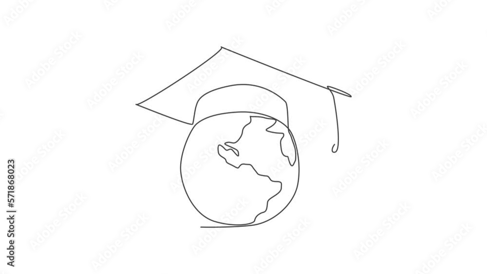Poster globe with graduation hat. animation of one line drawing of design on background. isolated simple li