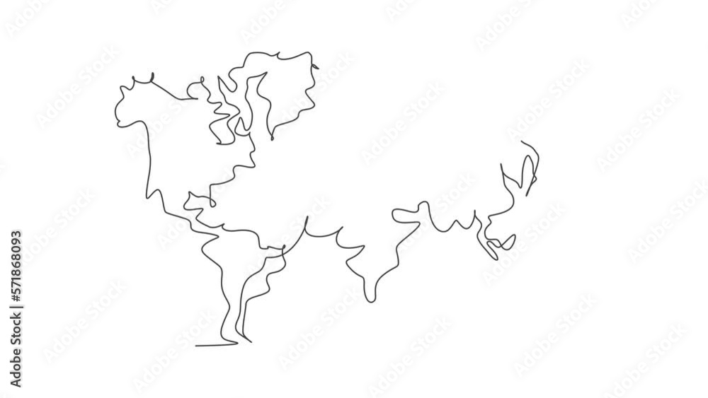 Poster world atlas. animated self drawing of continuous one line draw world map minimalist on white backgro