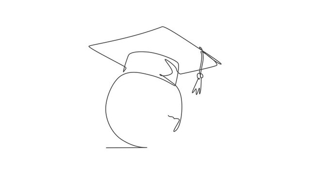 Graduation hat on earth globe. Animated self drawing of single continuous line world global diploma icon. Full length one line animation for education concept. Isolated illustration on background.
