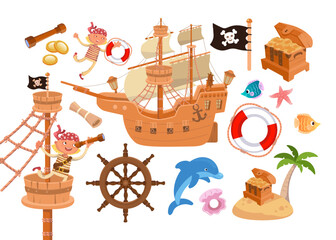 Set of cute pirate, ship, island with palm tree, chest of gold, animals. Vector isolated icons on white background. Cartoon character for the design.