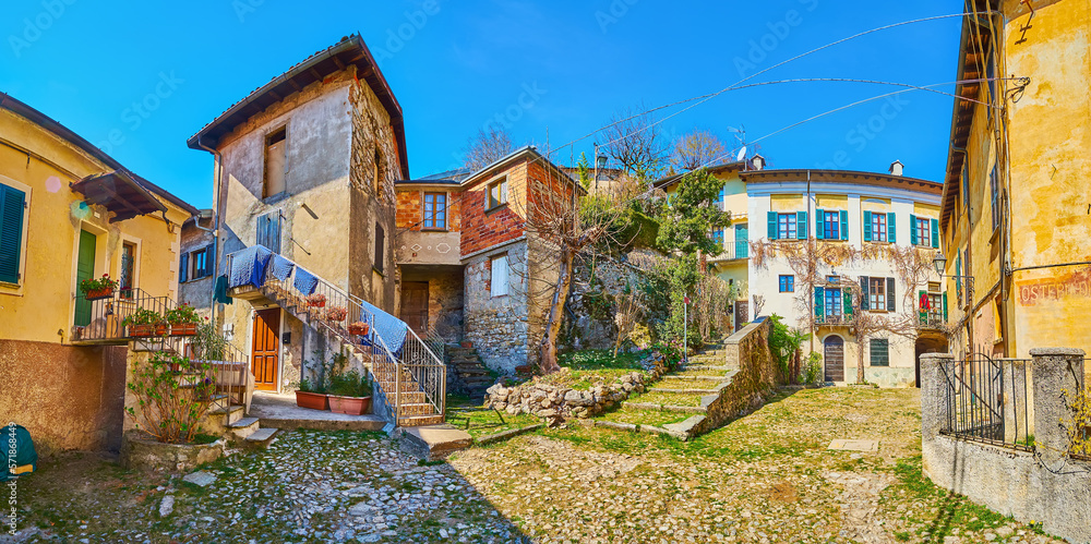 Sticker Panorama of historic shabby Rusciett Square, Castello, Valsolda, Italy