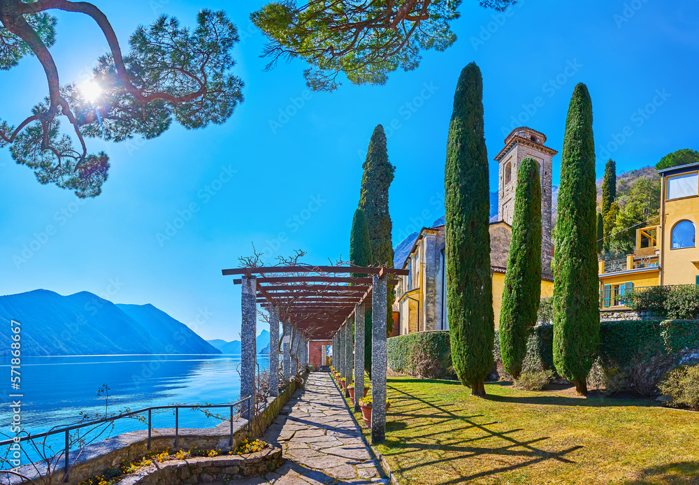 Wall mural The lakeside garden of San Sebastiano Church, Oria, Valsolda, Italy