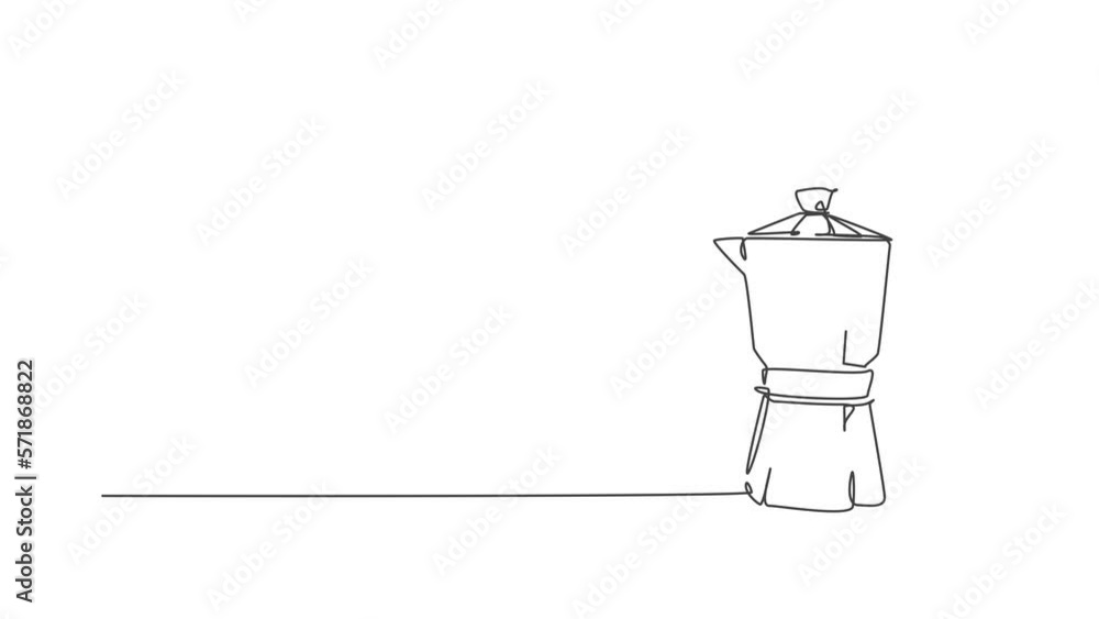 Poster animation of one single line drawing of coffeepot above the table at cafe. electricity coffee drink 