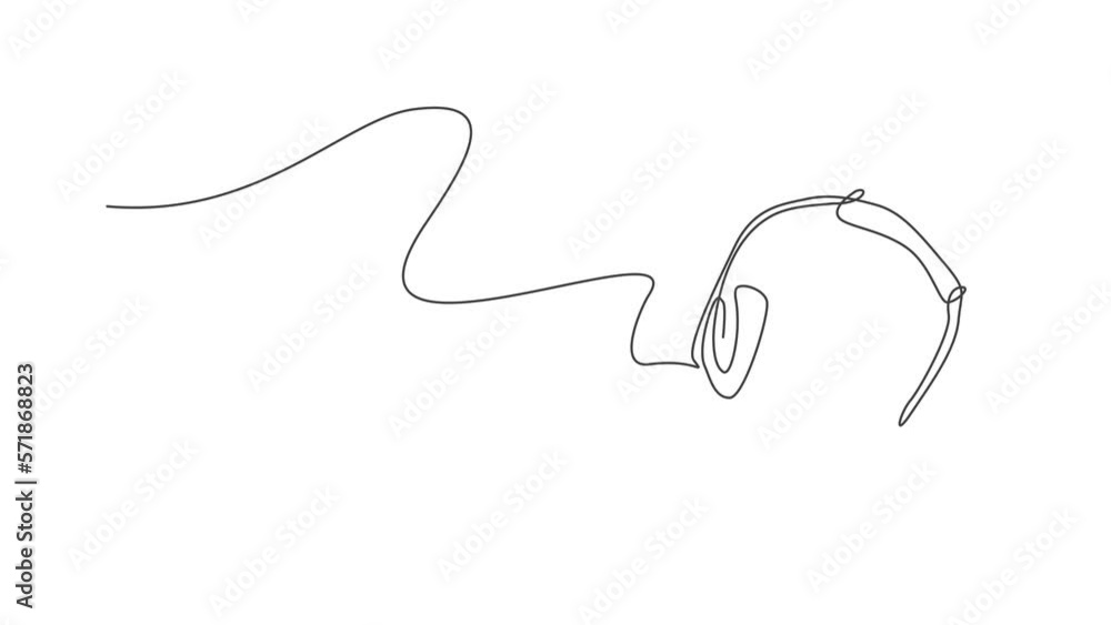 Poster animated self drawing of single continuous line draw headphone from top view. music recording equipm