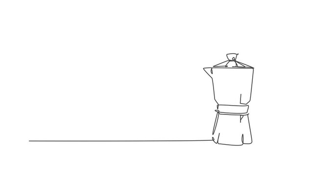 Animation of one single line drawing of coffeepot above the table at cafe. Electricity coffee drink maker tools concept. Continuous line self draw animated. Full length motion.