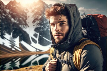 Young backpacking man traveler enjoying nature in Alps mountains, Ai generative.