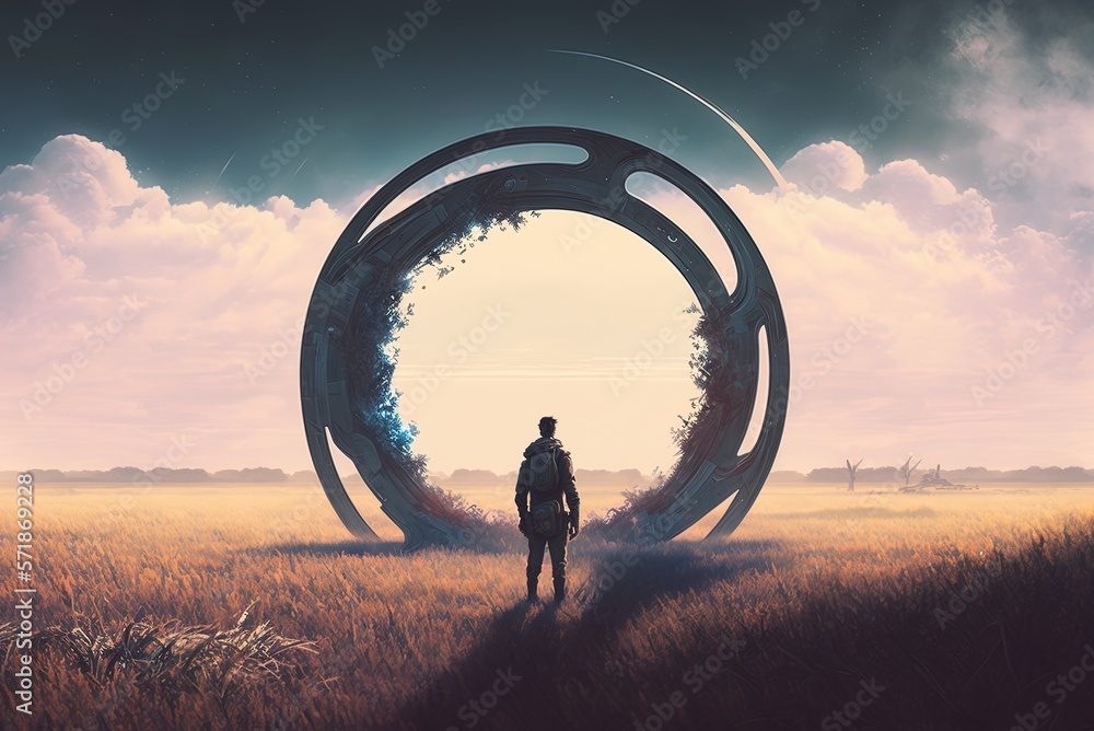 Poster artwork depicting a guy from the future in a digital format, standing in a field and staring at a pl