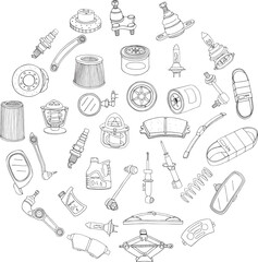 Hand drawn car parts icons. Vector illustration doodle style. Car service, repair. 
