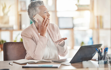 Phone call, business and woman at desk in office, corporate company and management. Mature female...