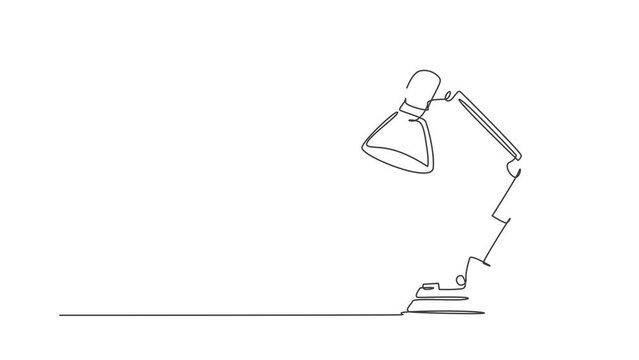 Animated self drawing of one continuous line draw electric metal flexible desk lamp home appliance. Electricity table lamp furniture household concept. Full length single line animation illustration.