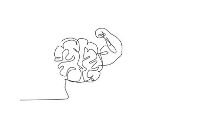 Animated self drawing of continuous line draw strong muscular brain human shows muscle logo icon. Smart health for fitness center logotype symbol template concept. Full length single line animation.
