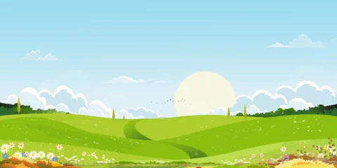 Schilderijen op glas Spring green fields landscape with mountain,blue sky and clouds background,Panorama peaceful rural natural in springtime with green grass land. Cartoon vector illustration for spring and summer banner © Anchalee