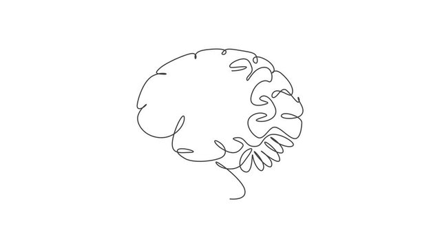 Animation of one line drawing of smart human brain from side view logo identity. Genius idea for brain medical health icon logotype concept. Continuous line self draw animated. Full length motion.