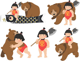 金太郎と熊のセット_ベクターイラスト