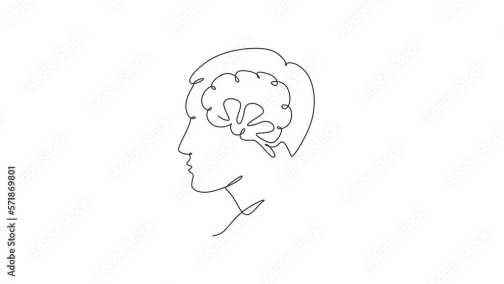 Poster animation of one single line drawing of human head with brain inside from side view logo identity. p