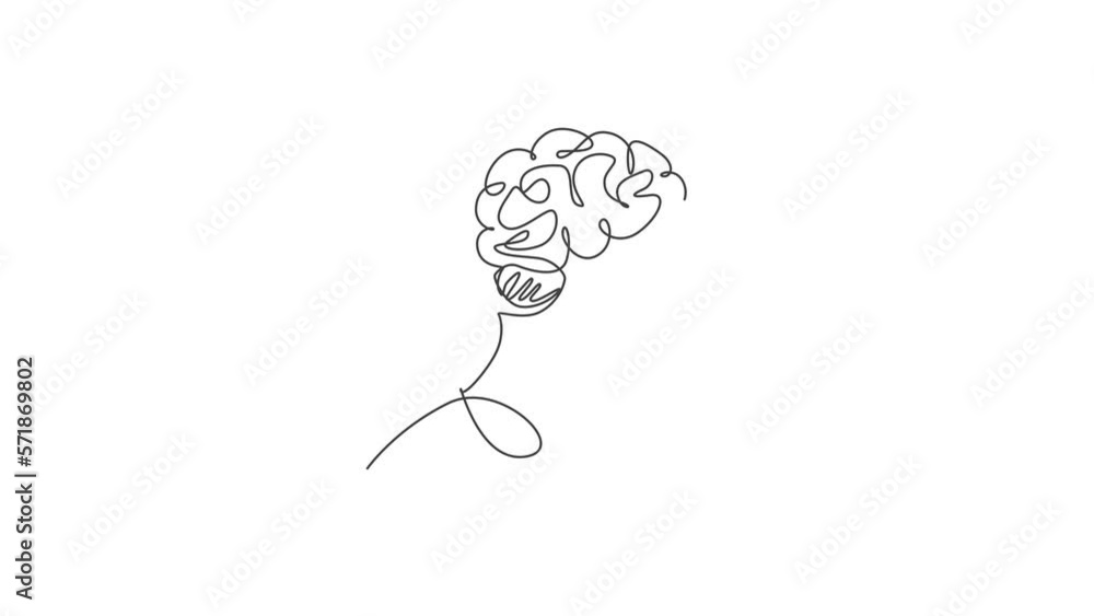 Poster animated self drawing of one continuous line draw human head with smart brain inside from side view 