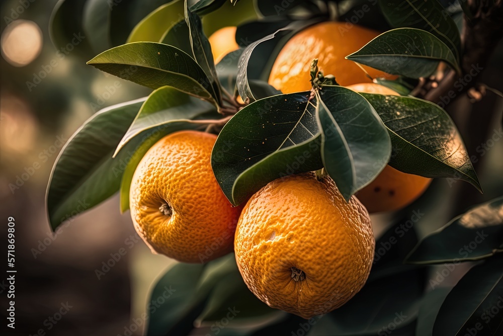 Poster oranges hanging from a tree, close view. generative ai