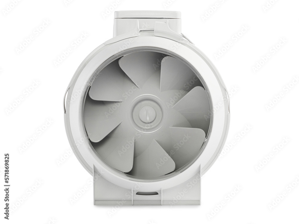 Wall mural Industrial plastic fan for installation in an air ventilation system, insulated on a white background.