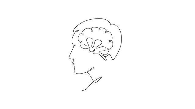 Animation of one single line drawing of human head with brain inside from side view logo identity. Psychology office icon logotype concept. Continuous line self draw animated. Full length motion.