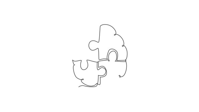 Animation of one line drawing of human braid forming from piece of puzzles logo identity. Smart psychological office icon logotype concept. Continuous line self draw animated. Full length motion.