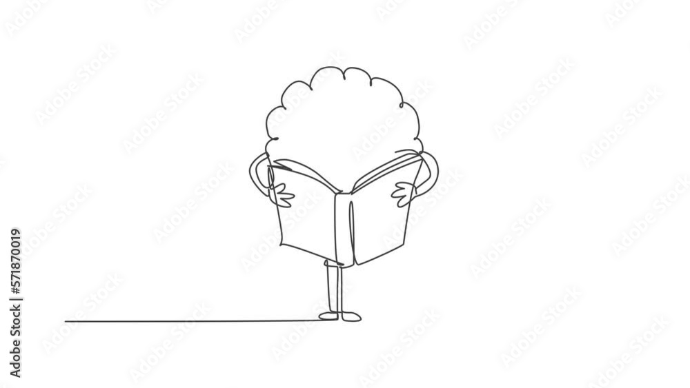 Poster animated self drawing of single continuous line draw human brain standing and reading book for publi