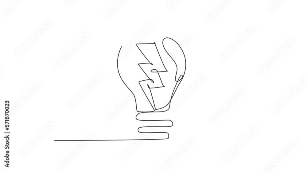 Poster animation of one single line drawing of light bulb with thunder bolt logo identity. power energy ele