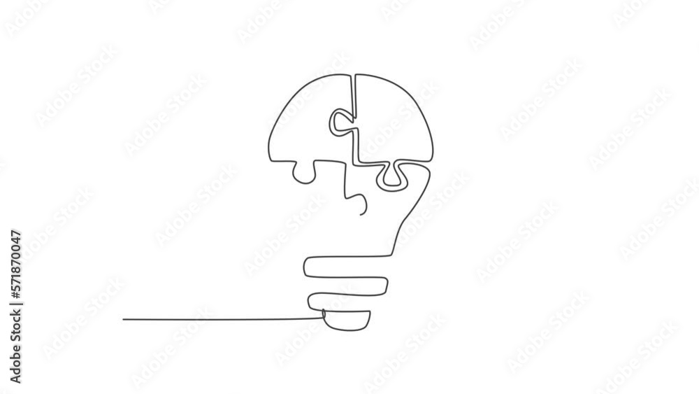 Aufkleber animated self drawing of single continuous line draw part of puzzles forming bright light bulb logo 