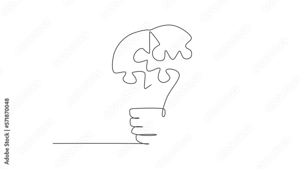 Poster animation of one line drawing of light bulb with pieces of puzzles forming logo identity. teamwork s