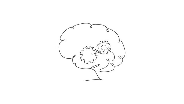 Animated self drawing of one continuous line draw metal round wheel gear inside human brain for company logo icon. Smart machine logotype symbol template concept. Full length single line animation.