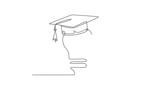 Animation of one single line drawing of light bulb wearing graduation hat logo identity. Smart education academy logotype icon template concept. Continuous line self draw animated. Full length motion.