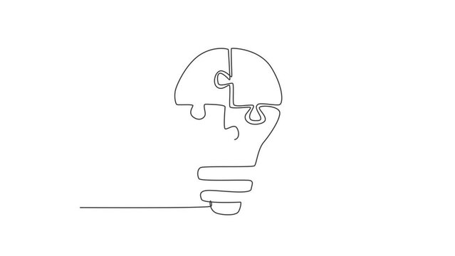 Animated self drawing of single continuous line draw part of puzzles forming bright light bulb logo label. Team building smart company icon label concept. Full length one line animation illustration.