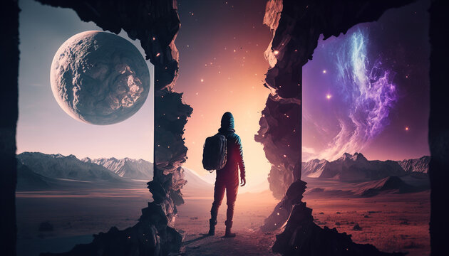 Generative AI illustration of interdimensional traveler with backpack and baggage