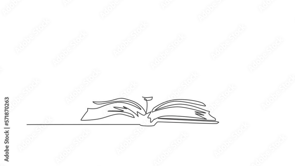 Poster animation of one line drawing of shining light bulb above open text book logo identity. knowledge st