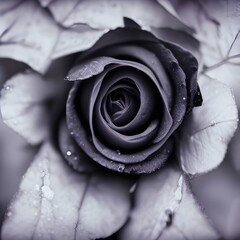 Dark violet rose with ice drops, closeup macro photo, monochrome colours, frozen environment, created with AI generative tools