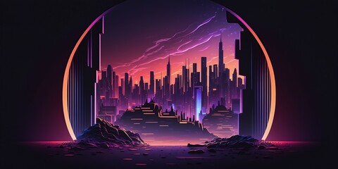 Sparkling ultraviolet cyber metropolis with an abstract neon aura, Generative AI