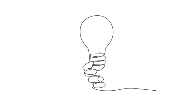 Animated self drawing of one continuous line draw human hand hold light bulb logo emblem. Power up electricity logotype icon template concept. Full length single line animation illustration.