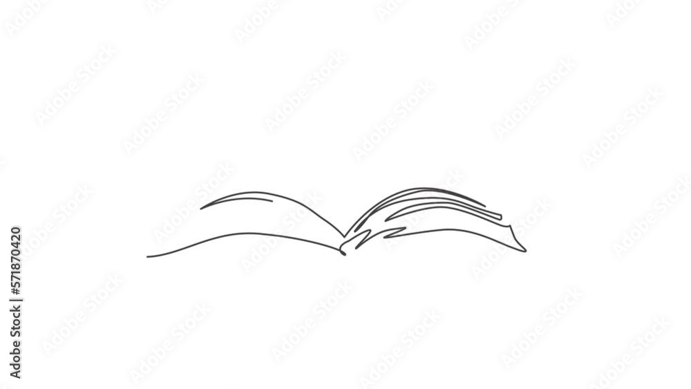 Poster animated self drawing of one continuous line draw thick open text book logo emblem. university libra
