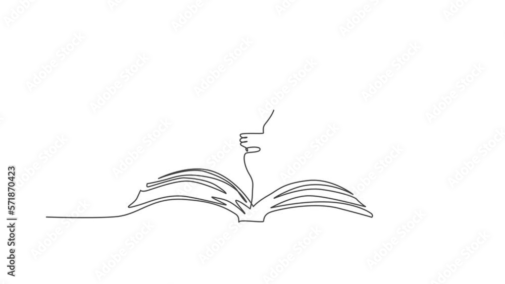 Poster animated self drawing of single continuous line draw open book with shining light bulb upside logo l