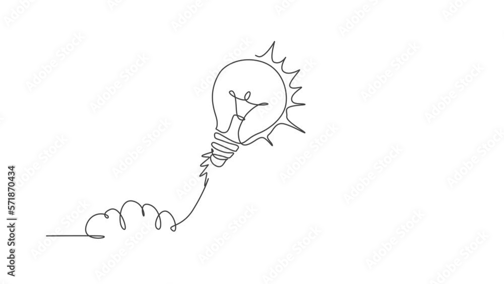 Poster animated self drawing of one continuous line draw light bulb ready to take off to space logo emblem.