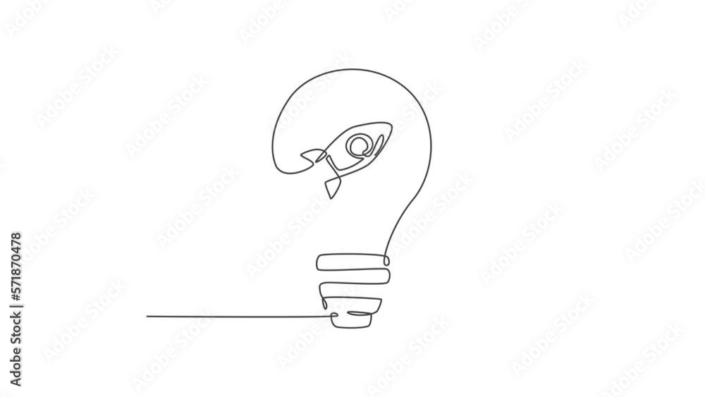 Aufkleber animated self drawing of one continuous line draw rocket launch inside clean lightbulb logo emblem. 