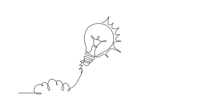 Animated self drawing of one continuous line draw light bulb ready to take off to space logo emblem. Smart bright launch program logotype icon template concept. Full length single line animation.