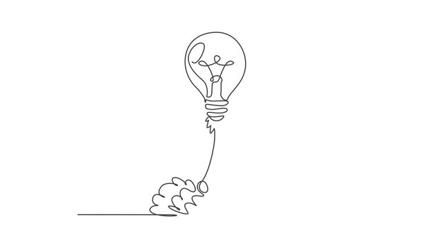 Animated self drawing of continuous line draw smart bright light bulb take off flying to the space logo label. Rocket bulb company icon label concept. Full length one line animation illustration.
