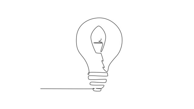 Animation of one single line drawing of rocket launch inside shining light bulb logo identity. Company space technology logotype icon template concept. Continuous line self draw animated illustration.