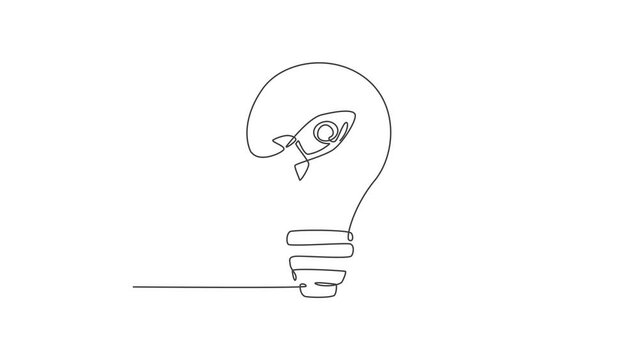 Animated self drawing of one continuous line draw rocket launch inside clean lightbulb logo emblem. Company cosmos technology logotype icon template concept. Full length single line animation.