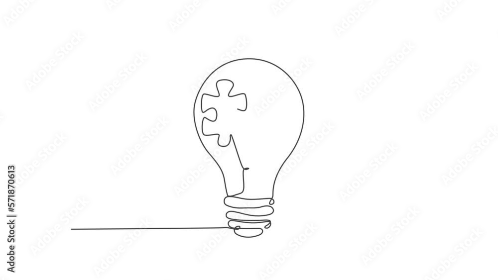 Poster animation of one single line drawing of lightbulb with puzzle pieces inside for creative team compan